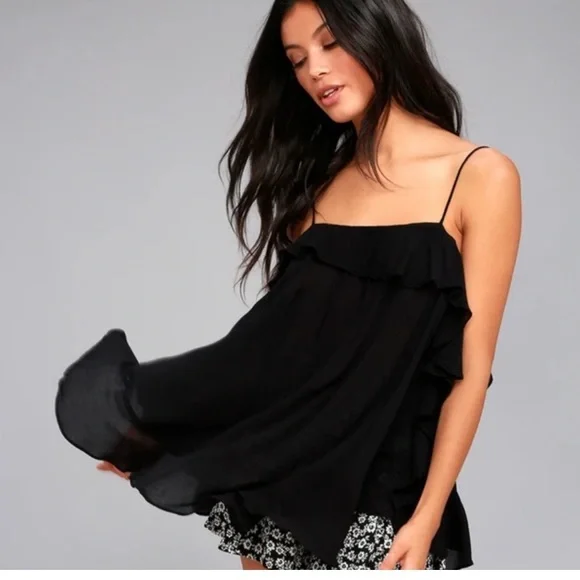 Free People Cascades Black Ruffle Tank Top XS Semi Sheer Flowy Top - Picture 14 of 14